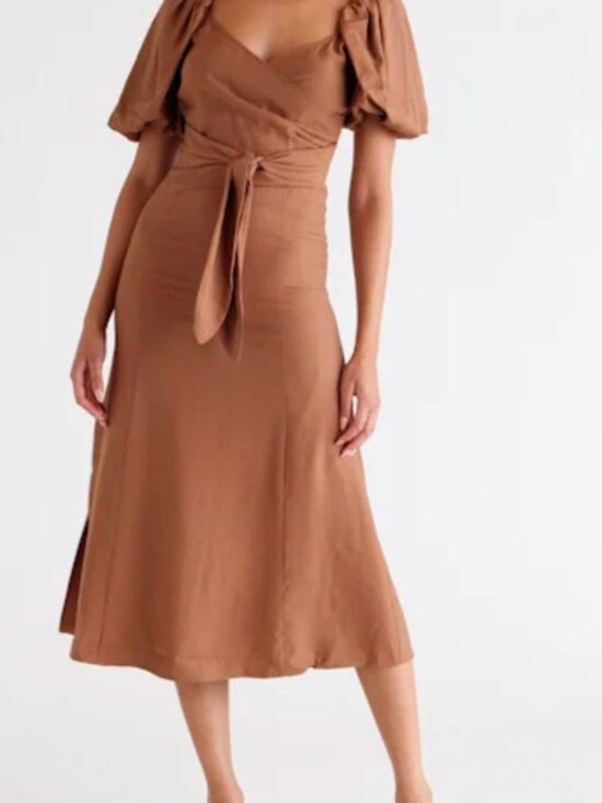 Zoe And Claire Dresses & Skirts - Zoe And Claire Brown Puff-Sleeve A-line Dress Size Small